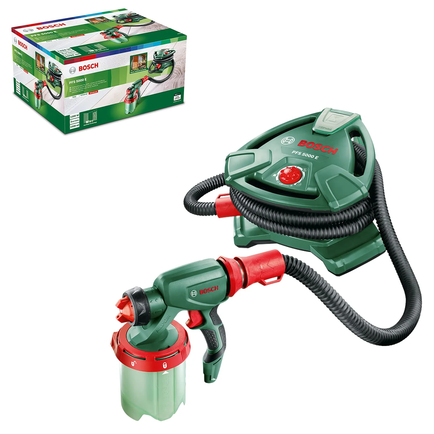 Bosch paint spray system PFS 5000 E (2x 1000 ml paint tanks, nozzle for wall paint (white)/varnishes (grey)/lacquers (black), paint filter, cleaning brush, in Carton Packaging)