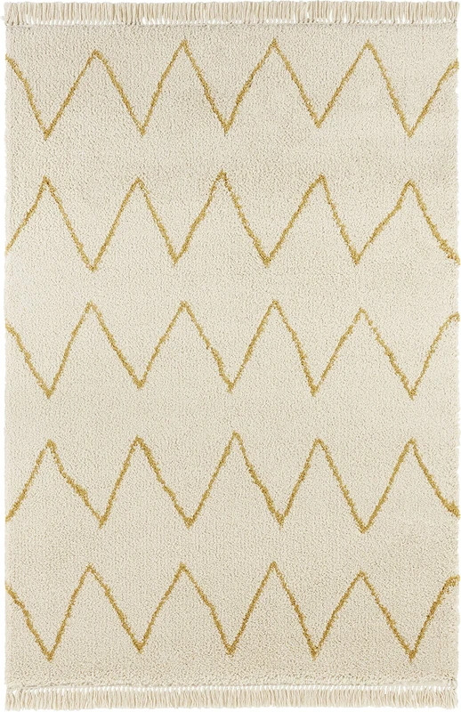 HANSE Home Ruby High Pile Living Room Rug Soft Fluffy Long Pile Shaggy Flokati Skandi Zigzag Pattern with Fringes for Children's Room Bedroom Kitchen Hallway Cream Gold 120 x 170 cm - Image 1