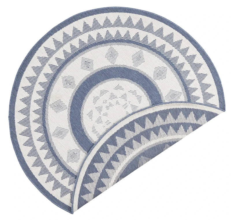 NORTHRUGS Indoor and Outdoor Rug Jamaica Round Diameter 140 cm Reversible Rug Weatherproof Modern Graphic Design Runner for Balcony Patio Garden Conservatory Living Room Waterproof in Blue Cream