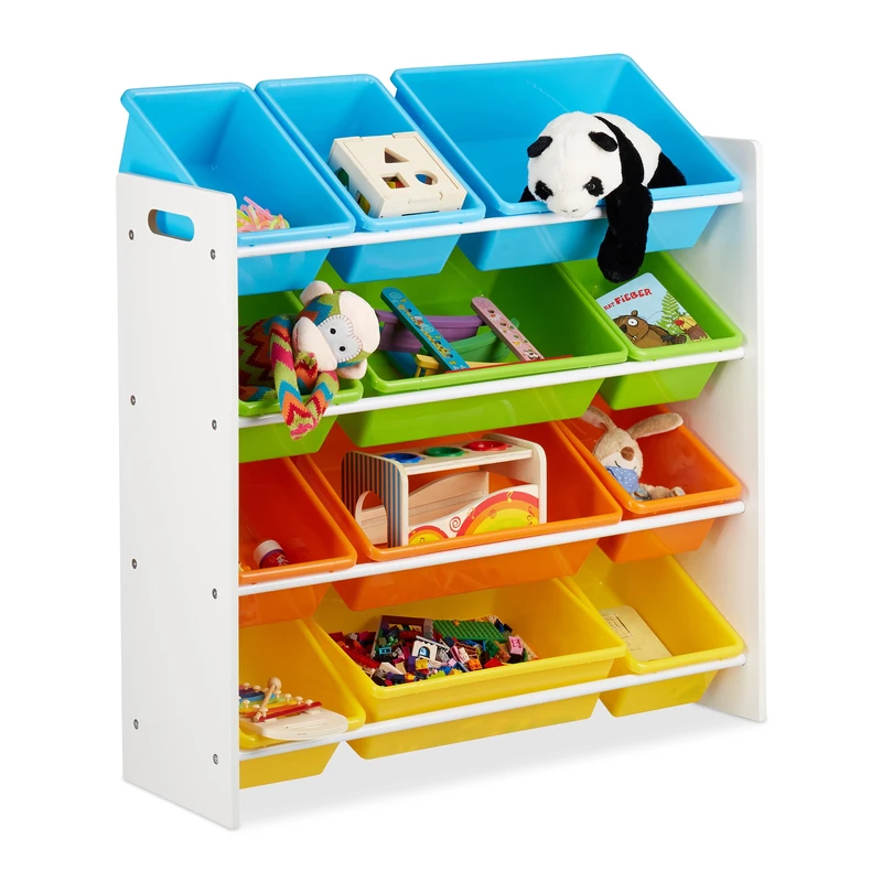 Relaxdays Storage Shelf Toy Organiser with Bins, MDF+Plastic, HxWxD 88x86x31cm