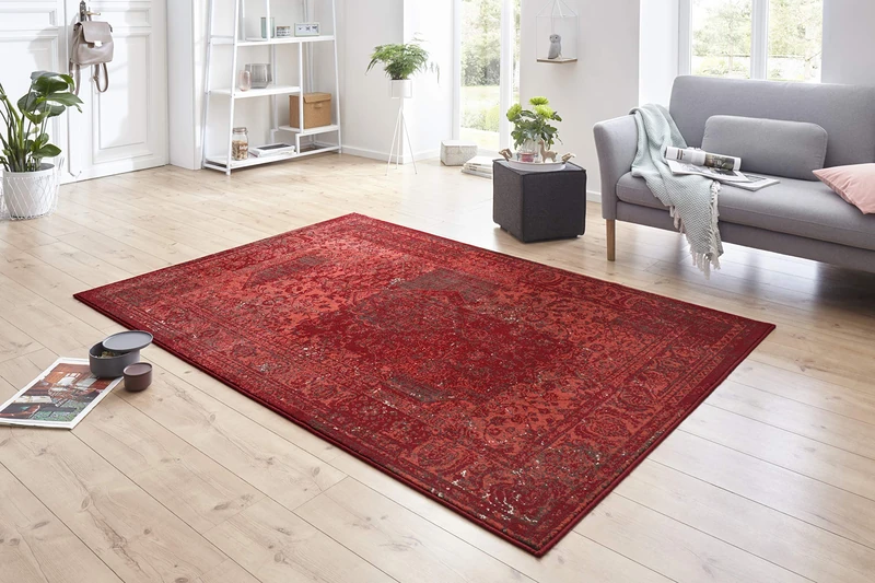 Hanse Home Plume Rug - Distressed Look Short Pile Modern Vintage Design Rugs for Dining Room, Living Room, Children's Room, Hallway, Bedroom, Kitchen - Red 120 x 170 cm. / 47.24