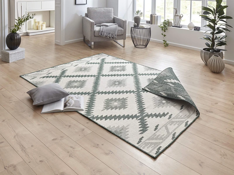 NORTHRUGS Malibu Indoor and Outdoor Rug 80 x 150 cm - Reversible Rug Weatherproof Modern Geometric Pattern Runner for Balcony Patio Garden Conservatory Living Room Rug Waterproof in Green Cream