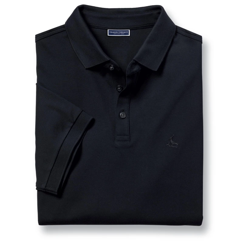 Charles Tyrwhitt Polo Shirts for Men - Smart Black Jersey Cotton Polo with Concealed Button-Down Collar - Breathable & Stylish T Shirt for Men UK - Classic & Modern Men's Polo-Shirts Short Sleeve