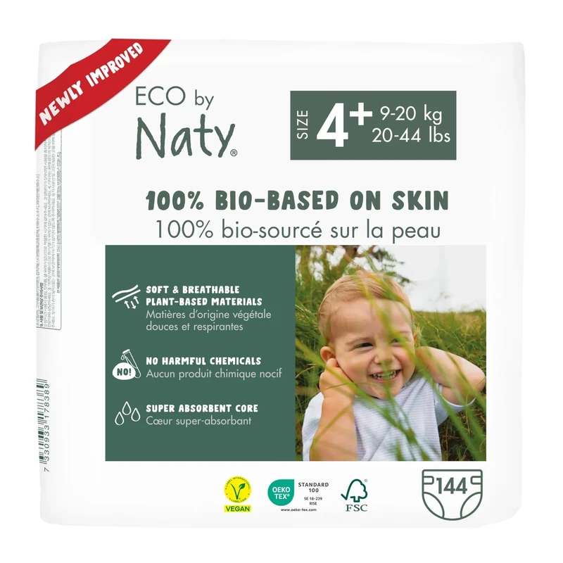 Naty Baby Nappies - 100% Plant-Based Materials on Skin, Soft, for Sensitive Skin & Super Absorbent (Size 4+, 144 Count)