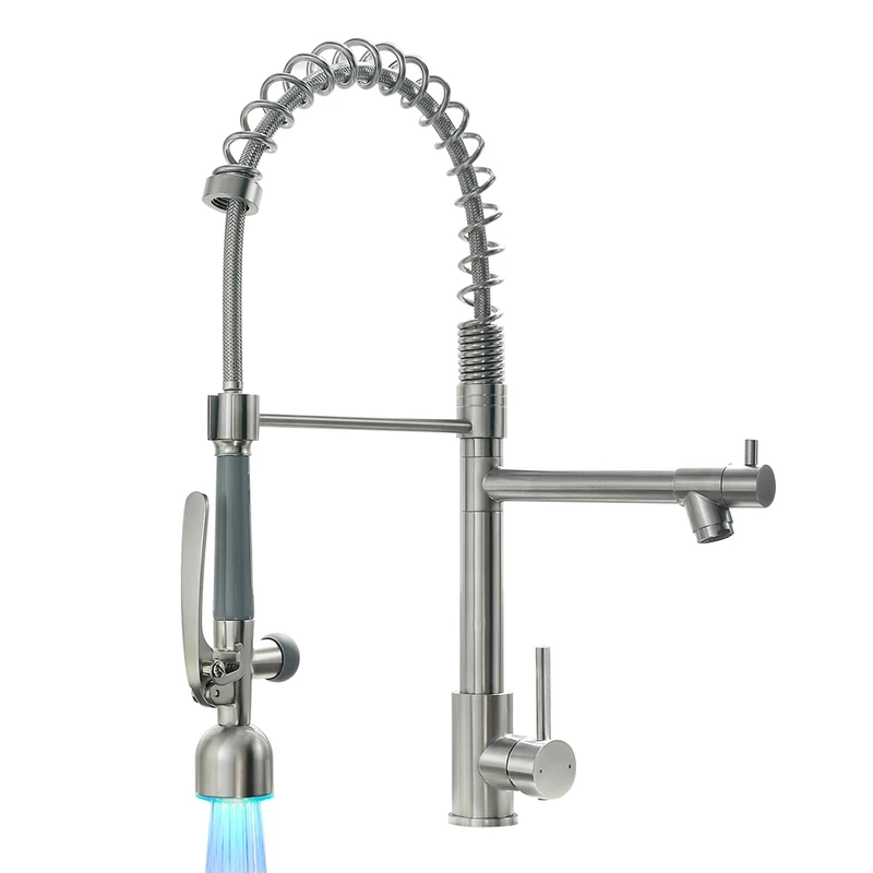 Fapully Commercial Single Handle Pull Down Sprayer Brushed Nickel Kitchen Faucet, Kitchen Sink Faucet with LED Light