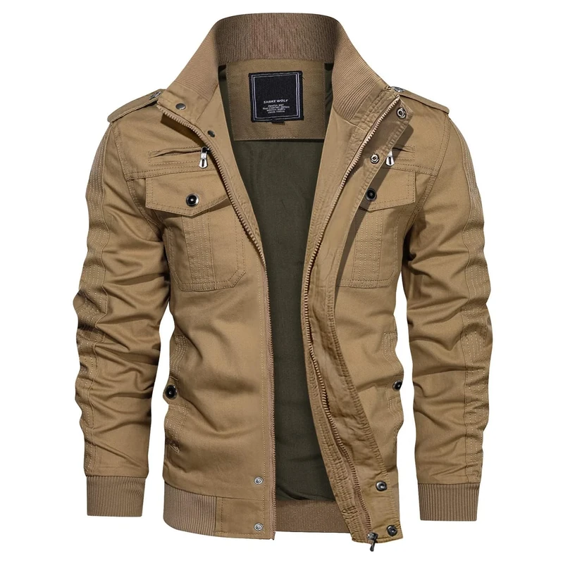 KEFITEVD Men's Pocket Jackets Outdoor Military Bomber Tactical Jacket Trucker Windbreaker Cargo Coat Khaki(Size: S)