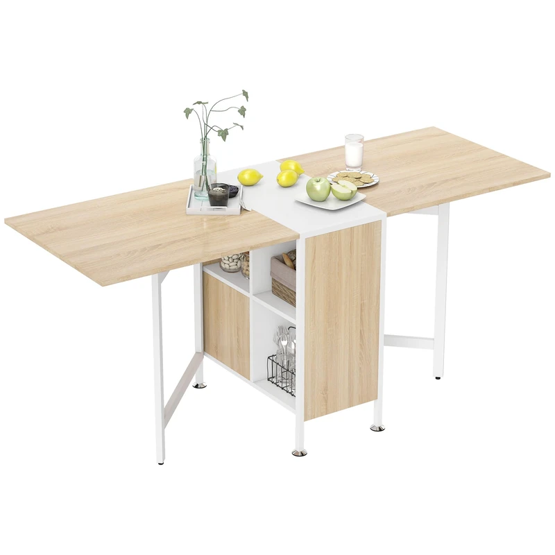 HOMCOM Foldable Drop Leaf Dining Table Folding Workstation for Small Space with Storage Shelves Cubes Oak & White