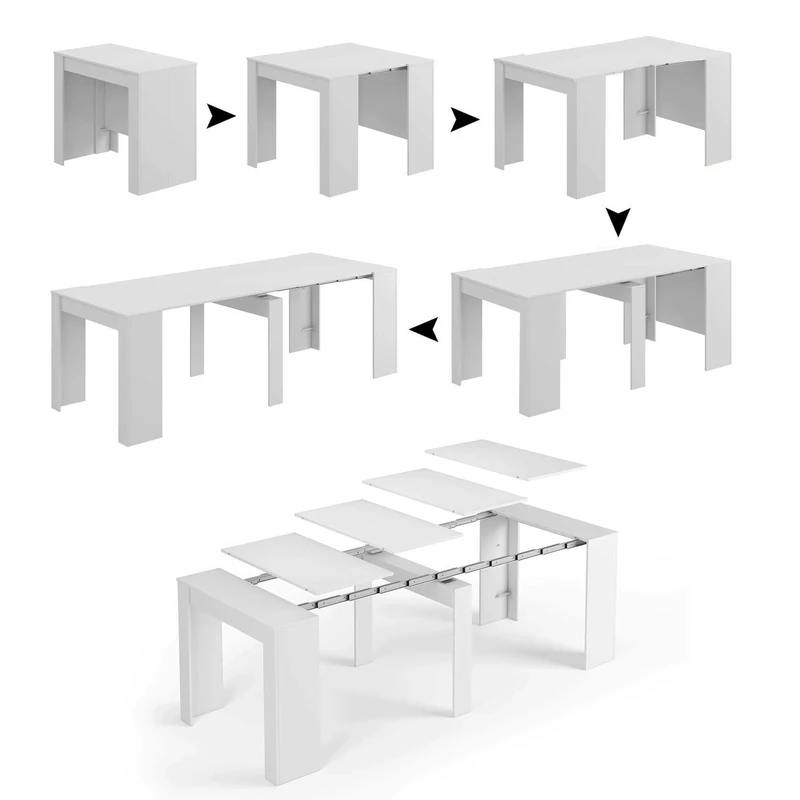 Esidra Dmora - Console table Compton, Extendable dining table, Table with multipurpose extensions that can be extended up to 10 seats, 51/237x90h78 cm, Glossy white