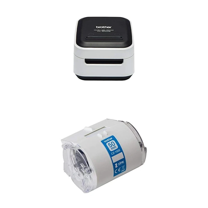 Brother VC-500W Colour Label Printer | Full Colour Labeller | Wireless | Desktop | Zink (Zero Ink) Technology + Extra Original CZ-1005 Cassette Roll (50mm x 5m)