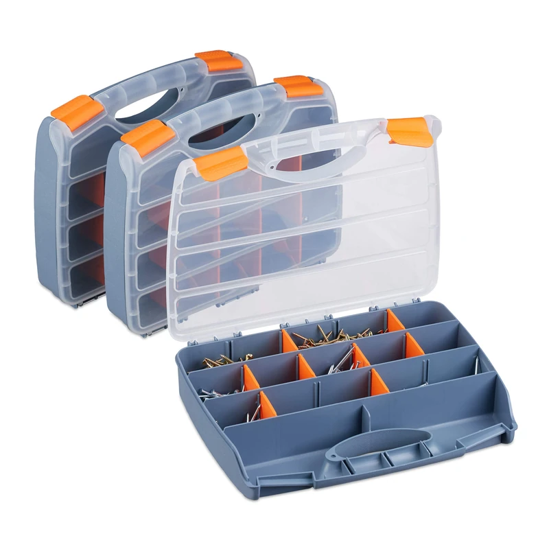 Relaxdays Grey 3-Piece Tool Box Set w/Handle, Tool Kit for Small Part, Adjustable, HWD: 6x32x24 cm