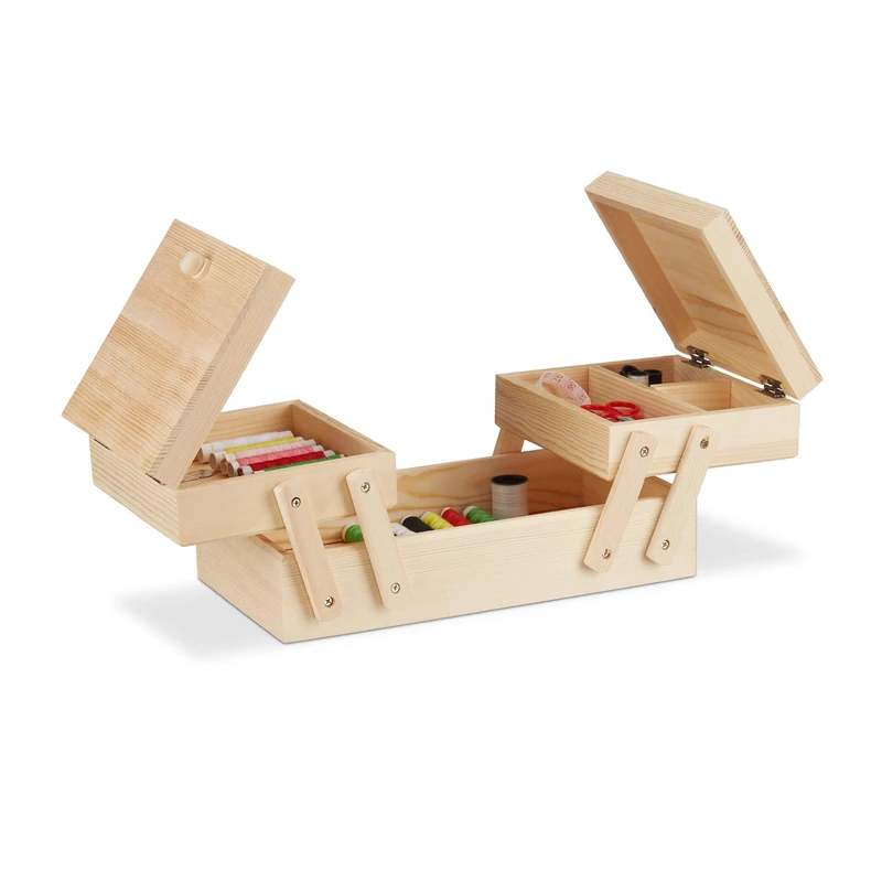 Relaxdays Natural Wooden Sewing Basket, Foldable, No Contents, Handle, HWD: 12 x 26 x 15.5 cm - Image 1