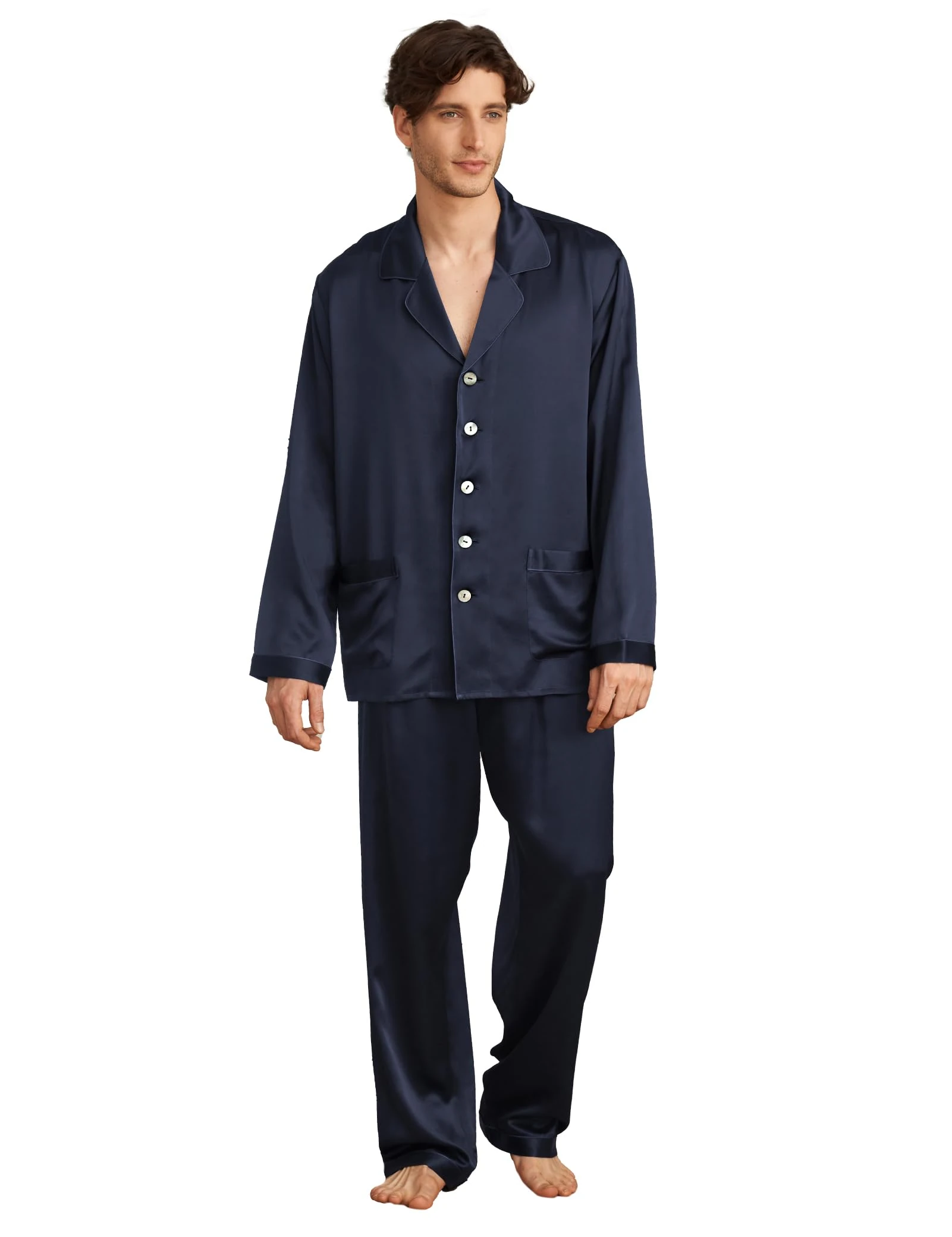 LilySilk 100% Pure Silk Pyjamas Set for Men Long Sleepwear Pyjamas 19 MM Mulberry Silk Lightweight Male Pjs-for Gifts Or Treat Yourself (Navy Blue, XL)