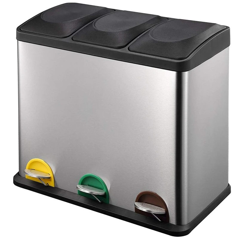 BAKAJI 3 x 18L (54 Litre) Stainless Steel Plastic Waste Separation Bin with Compartments Removable Pedal Opening Trash Can for Home, Kitchen and Outdoor Use