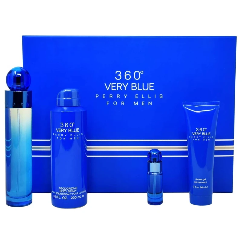Perry Ellis 360 Very Blue For Men 4 Pc Gift Set 3.4Oz Edt Spray, 7.5Ml Edt Spray, 6.8Oz Body Spray, 3Oz Shower Gel
