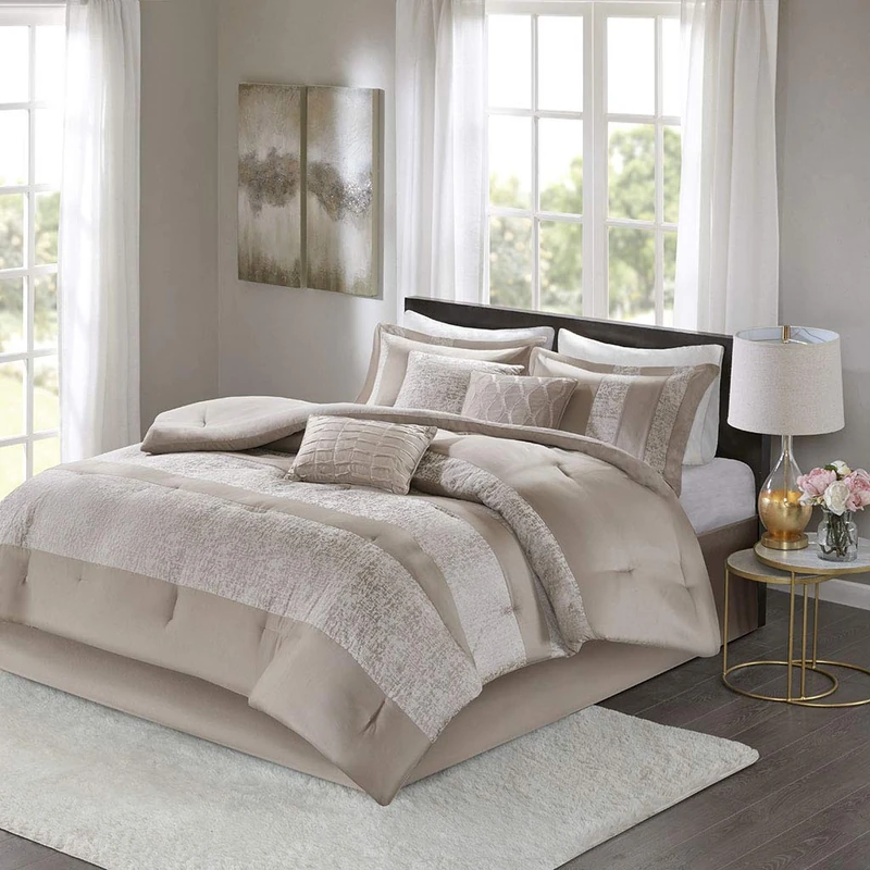 Madison Park All Season Down Alternative Bedding, Matching Bedskirt, Decorative Pillows, Polyester, Pieced Taupe, King