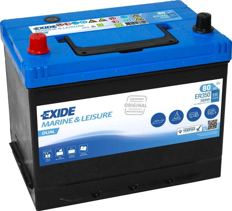 12V 80AH EXIDE ER350 Deep Cycle Leisure Marine Battery NCC VERIFIED MADE IN EU - Dual Purpose (Starting & Auxiliary) - 3 Years Warranty