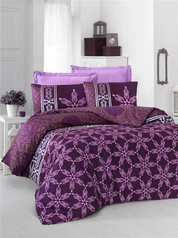 Nuit Des Rêves Luxurious Satin Single XL Quilt Cover Set, 155 x 200 cm, 100% Cotton, 210 Thread Count, Lilac & White, Machine Washable, Elegant Button Closure