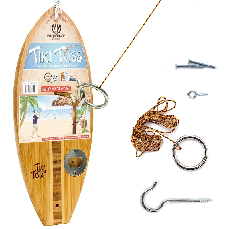 Tiki Toss Bottle Opener with Magnetic Closure - Crack a Cold Bottle and Hang It - 100% Bamboo Hook and Play Ring (All Parts Included)