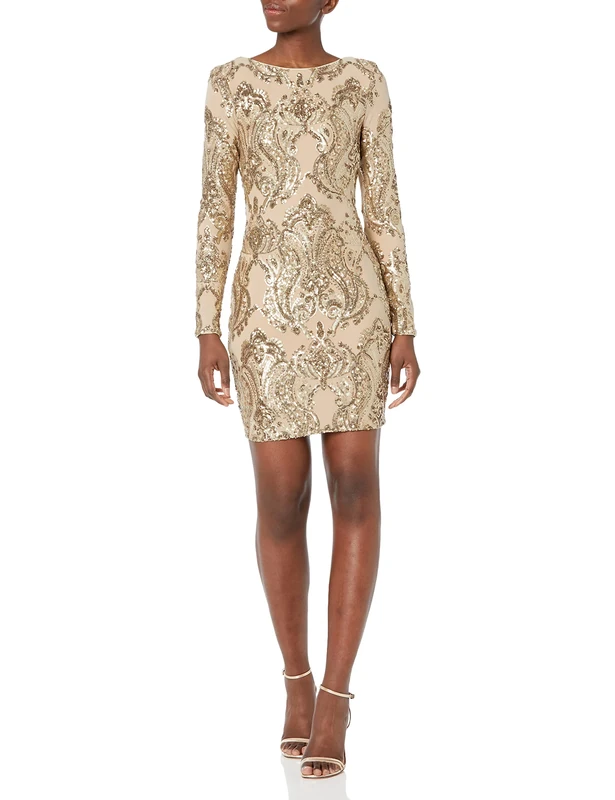 Dress the Population Women's Lola Long Sleeve Sequin Dress, Nude/Gold, Medium