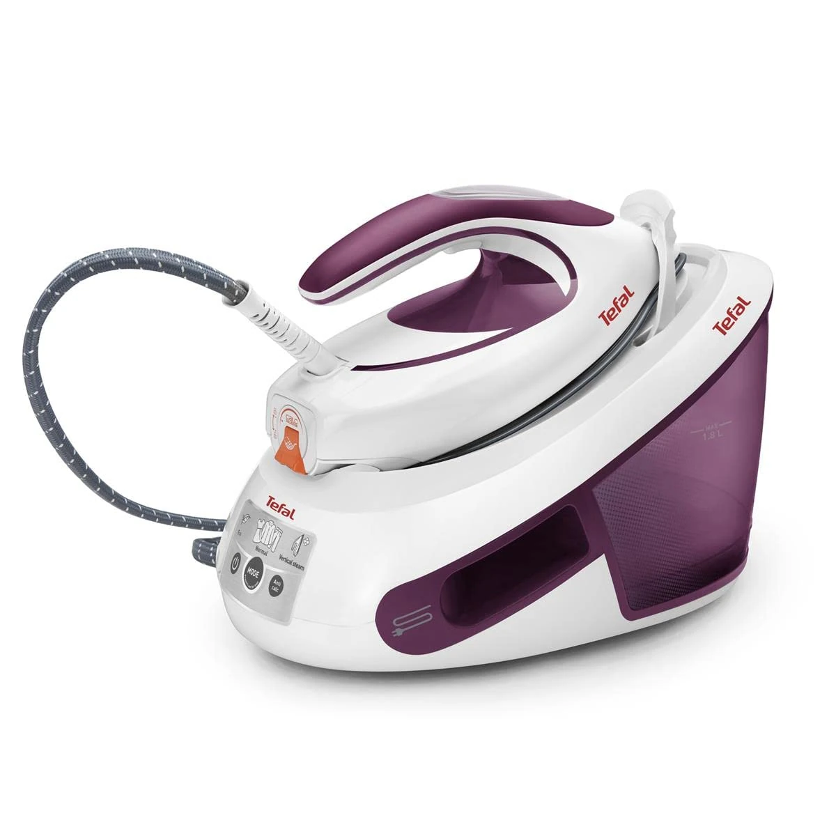 Tefal Express Anti-Calc SV8054 2800W 1.8L Purple Durilium Sole, White Steam Iron Station, 2800 W, 6.2 bar, 1.8 L, 410 g/min, 120 g/min, Durilium Sole