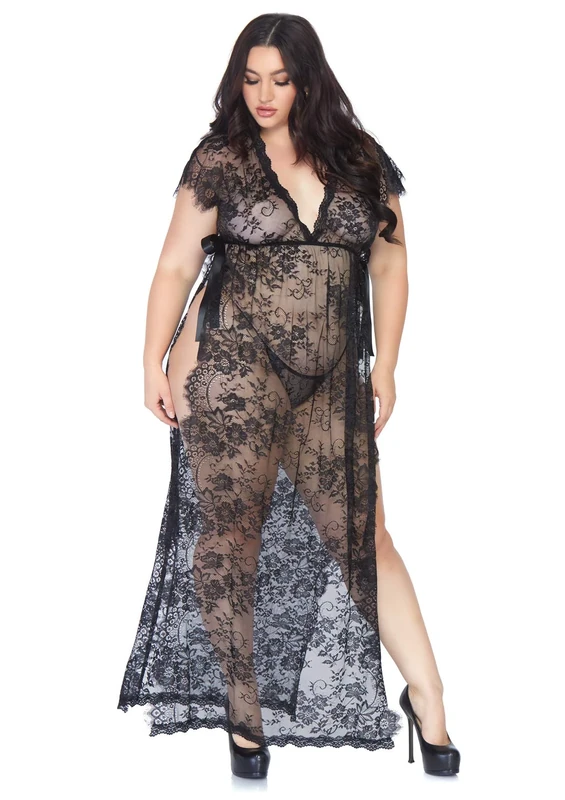 Leg Avenue Lace kaften Robe and Thong, Black, S/M - Image 1