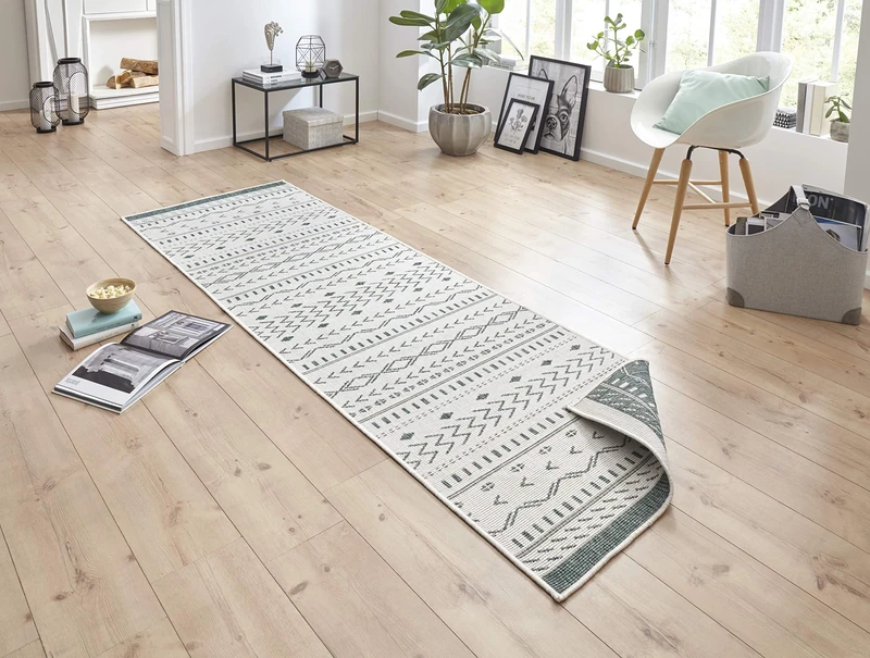 bougari Outdoor Rug Flat Weave Reversible Rug Cuba (80 x 350 cm, 100% Polypropylene, Durable and Easy to Clean, UV and Moisture Resistant, Suitable for Underfloor Heating), Green Cream