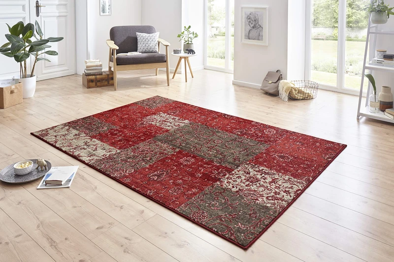Hanse Home Kirie Patchwork Rug, Short Pile Modern Vintage Design Rugs for Dining Room, Living Room, Children's Room, Hallway, Bedroom, Kitchen - Red Brown 120 x 170 cm