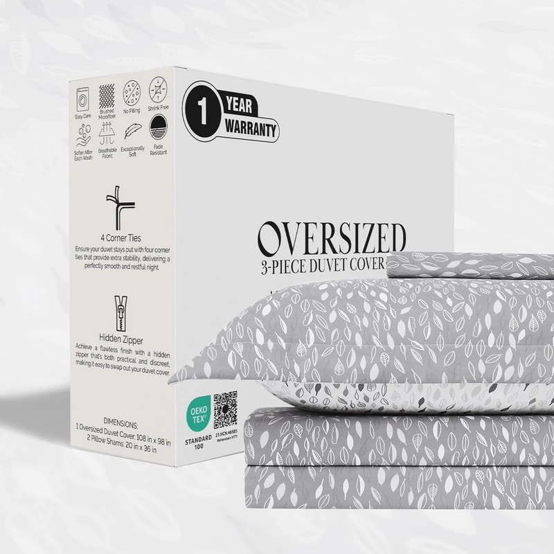 Southshore Fine Living, Inc. Botanical Leaves Collection - Premium Quality, Soft, Wrinkle, Fade, & Stain Resistant, Easy Care, Oversized Duvet Cover Set, King/California King, Grey