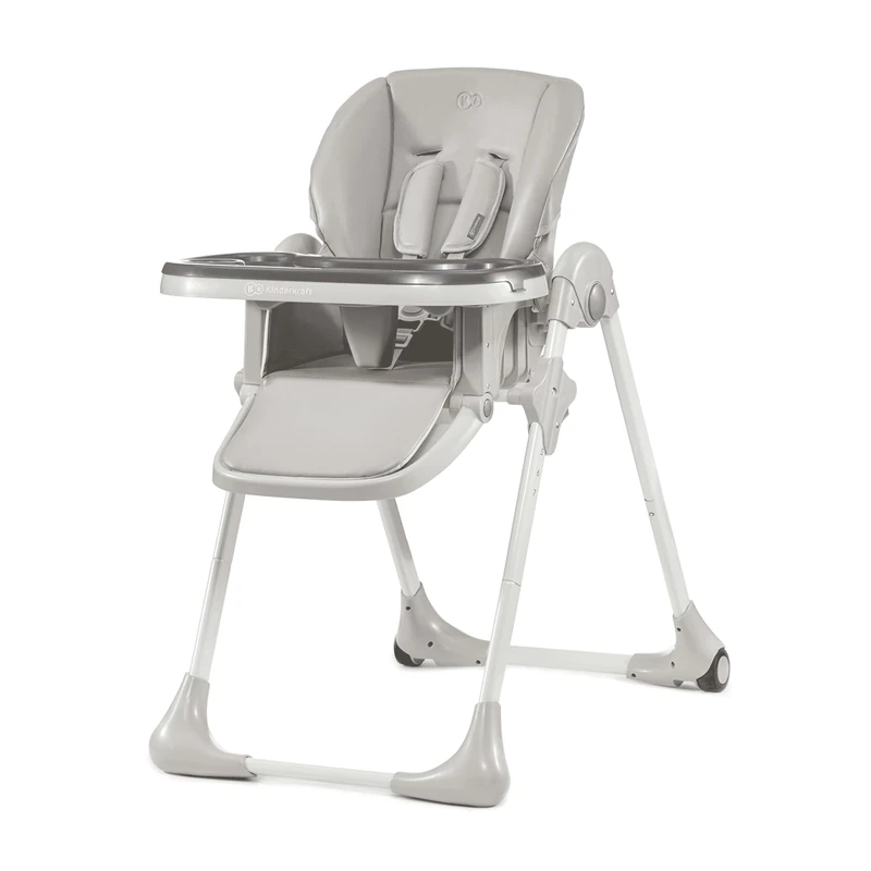 Kinderkraft Yummy Foldable Baby high Chair, 7 Height Levels, Reclining backrest, Adjustable footrest, Double Tray, Easy-Clean eco-Leather Cover, 5-Point Harness, Compact Storage, Grey