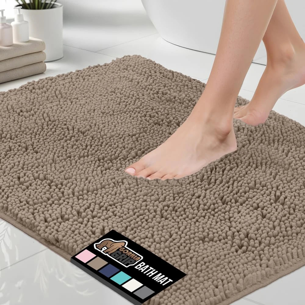 Gorilla Grip Bath Rug, 60x24, Thick Soft Absorbent Chenille Rubber Backing Bathroom Rugs, Microfiber Dries Quickly, Shaggy Machine Washable Mats, Plush Durable Rug, Bathtub and Shower Floor, Beige