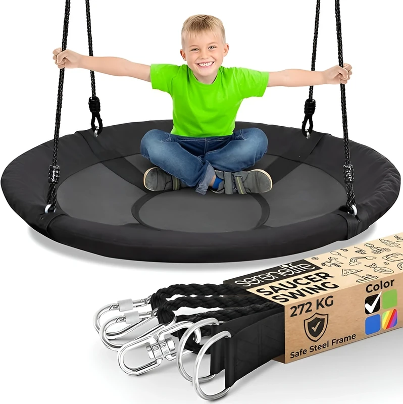 SereneLife Tree Swing Seat, Large Round Saucer Kids Swings, Adults and Kids Nest Swing, Durable Frame, 270kg Capacity, Indoor Outdoor Hanging Rope Swinging Seat for Backyard, Garden and More – Black