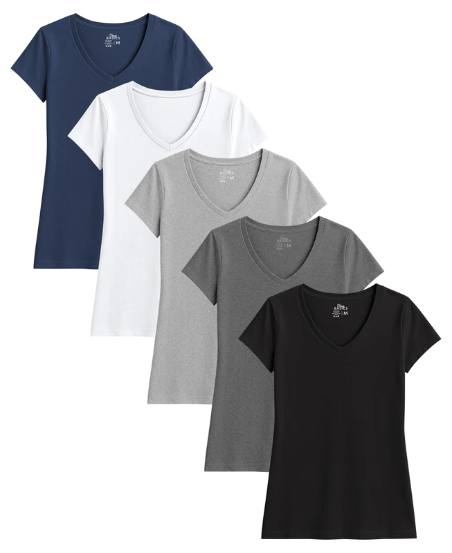 Sexy Basics Womens' Cotton Stretch V Neck Color T Shirts | Casual & Active Basic Short Sleeve Tops | Multi Packs, 5 Pack -Charcoal/White/Black/Heathergrey/Navy, L