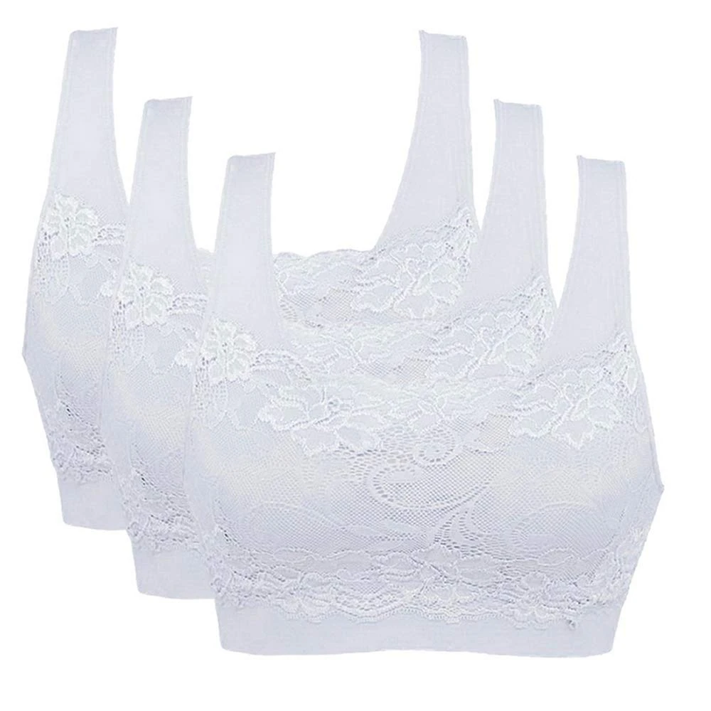 Vertvie Women Lace Sports Bra 3PCS Wireless Seamless Push Up Bra Support Crop Top with Removable Pads Lounge Bra for Yoga Fitness Running Exercise(A- White+ White+ White,L)