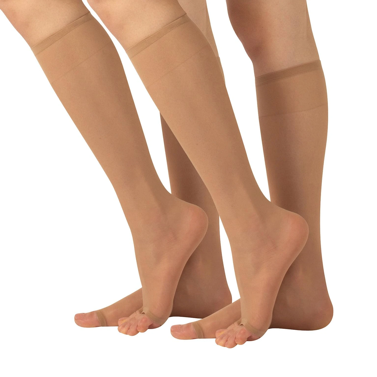 CALZITALY 2 Pairs Sheer Open Toe Knee-High Socks | Toeless Socks with Comfort Band | Knee-High Socks for Peep Toe Shoes | 10 DEN | Skin, Black | One Size | Made in Italy (One Size, Natural)