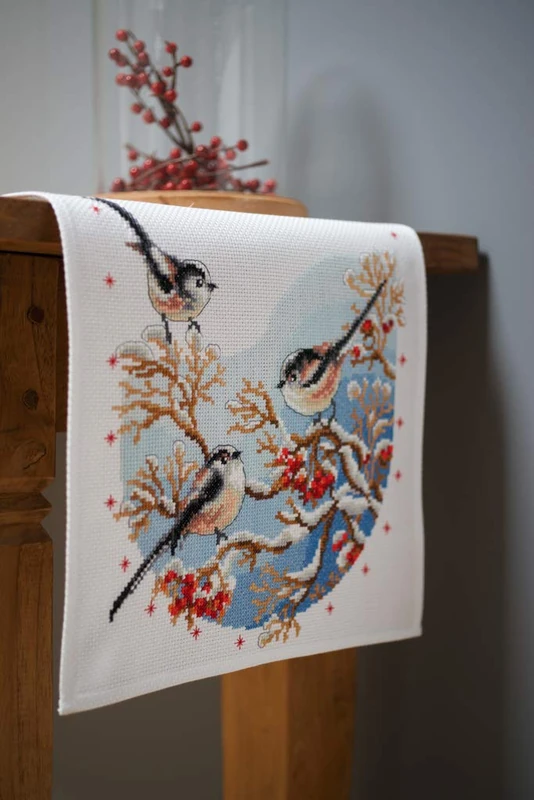 Vervaco Counted Cross Stitch Kit: Runner: Long-Tailed Tits & Red Berries, Cotton, NA, 32 x 84cm - Image 1