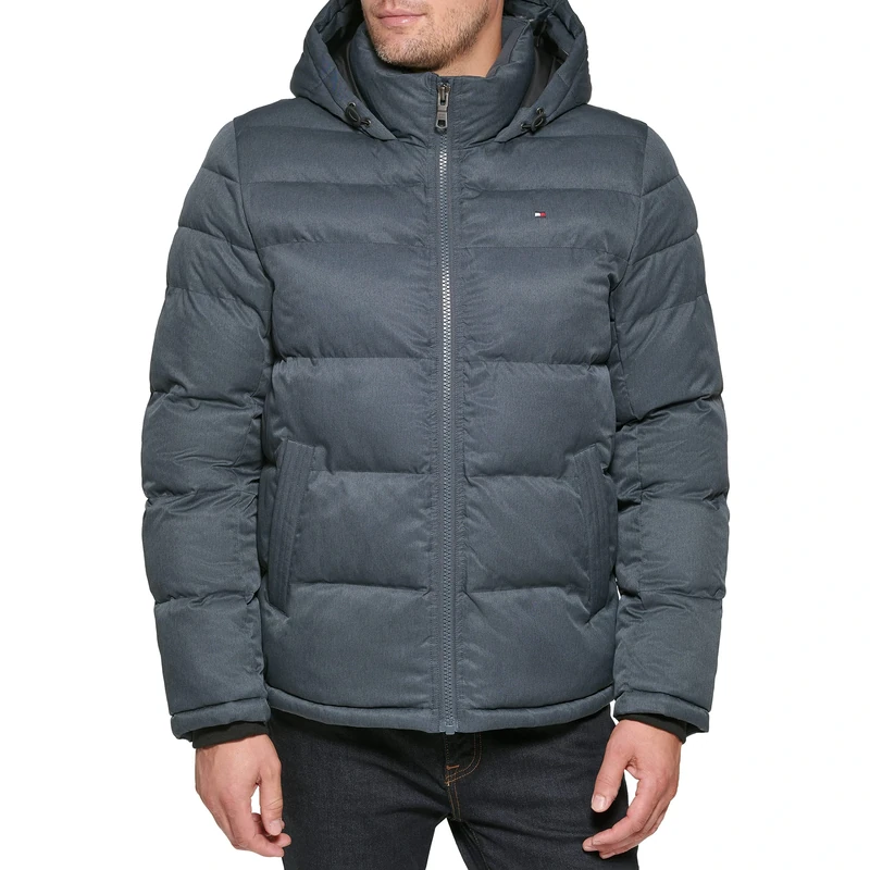 Tommy Hilfiger Men's Classic Hooded Puffer Jacket (Regular and Big & Tall Sizes) Down Alternative Coat, Heather Navy, XXXXL