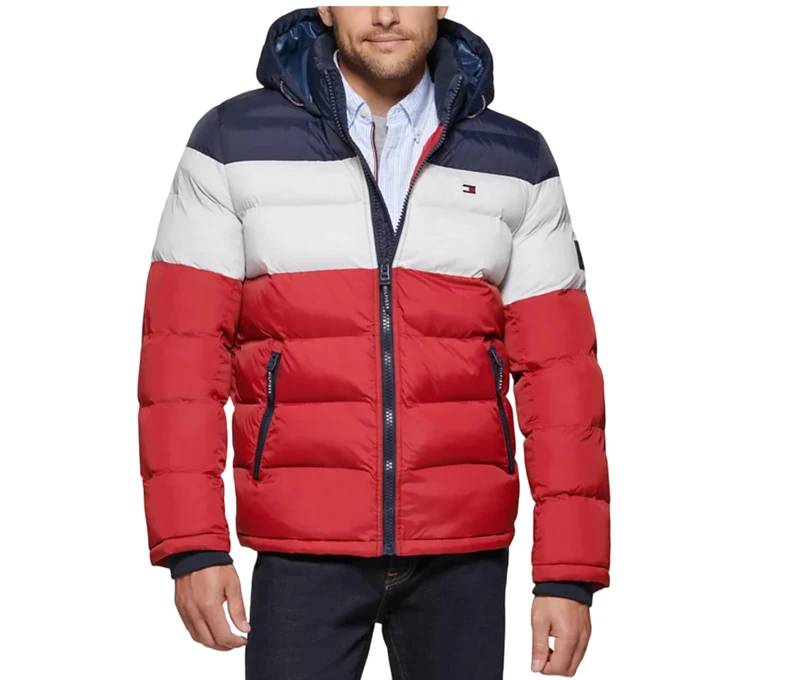 Tommy Hilfiger Men's Classic Hooded Puffer Jacket (Regular and Big & Tall Sizes) Down Alternative Coat, Midnight/White/Red, XXL