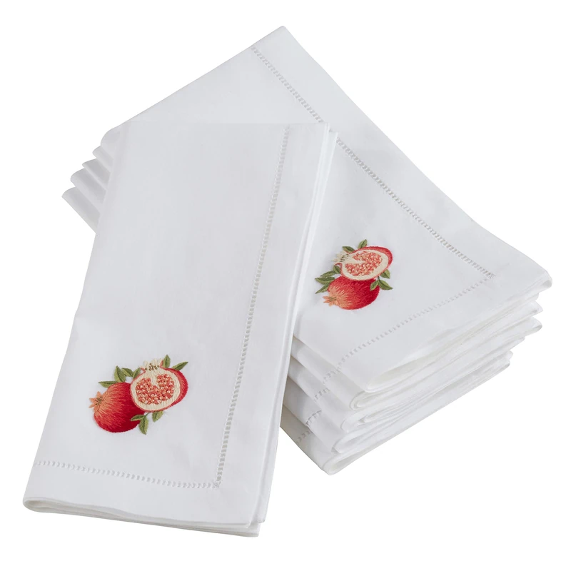 SARO LIFESTYLE NM158.W20S The Broderie Collection Embroidered Pomegranate Hemstitch Cotton Napkins (Set of 6), 100%