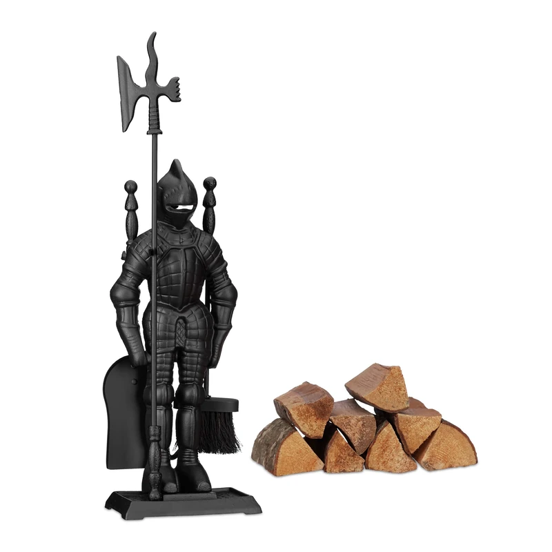 Relaxdays Modern Cast Iron Fire Irons Knight, 4-Piece Fireplace Companion Set with Shovel, Broom, Poker and Rack, Black