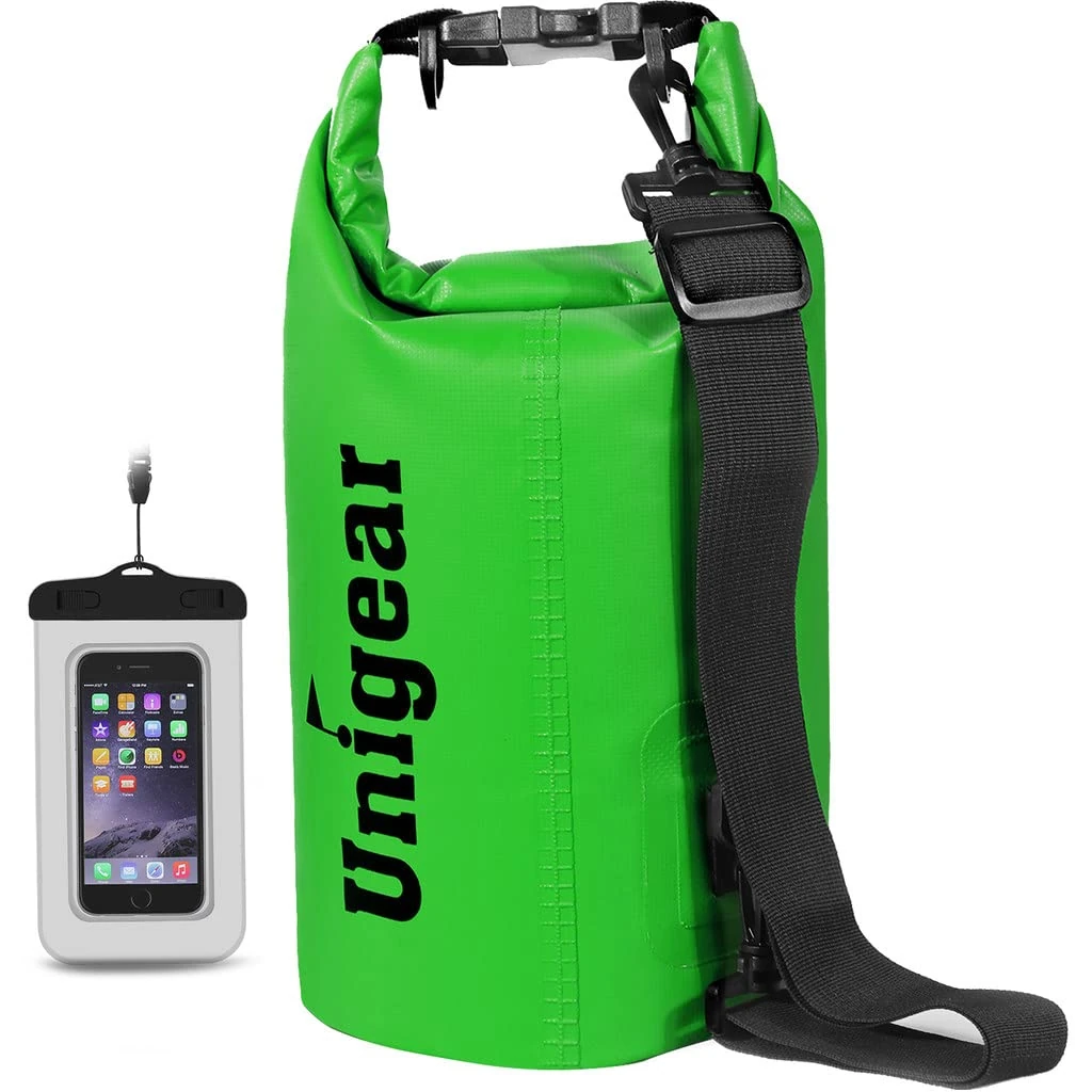 Unigear 5L/10L/20L/30L/40L Dry Bag Sack with Waterproof Phone Case and Long Adjustable Shoulder Strap for Boating, Kayaking, Fishing, Rafting, Swimming, Camping and Snowboarding (Green, 2L)