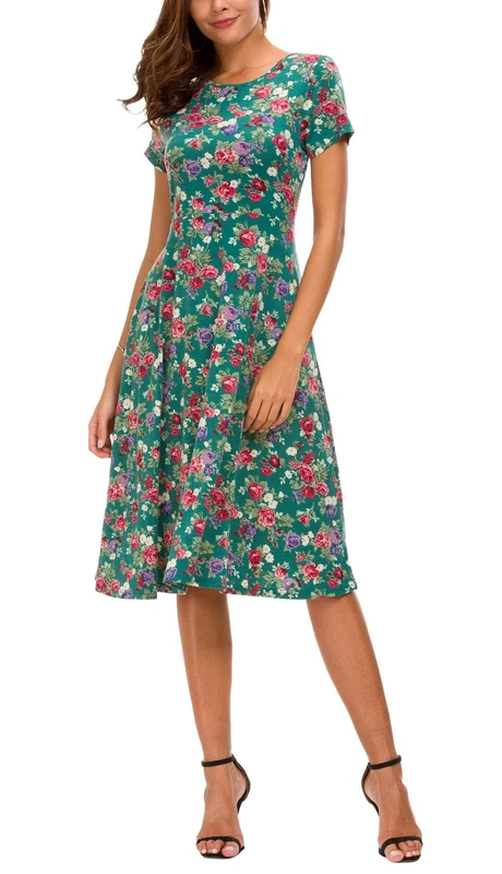 Urban Coco Women's Floral Print Short Sleeve Flared Midi Dress (XL, 1)