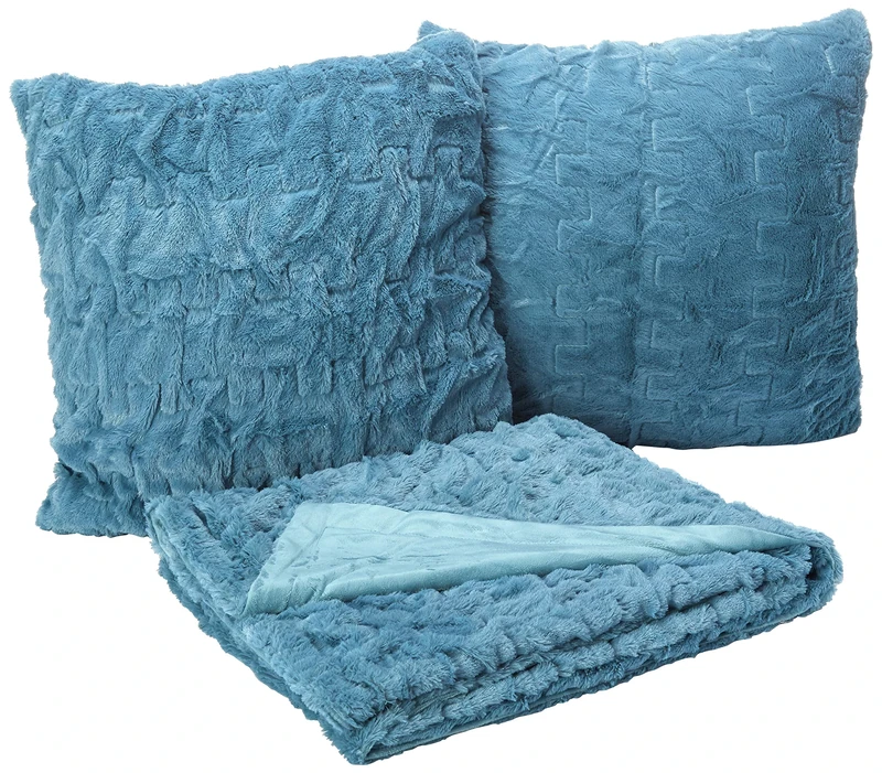Comfort Spaces Ruched Faux Fur Plush Throw Blanket and Pillow Set with 2 Matching Square Pillow Covers Sofa Throw Blanket for Living Room, Chair, Couch, Home Office Luxurious Fuzzy Soft Teal 50"x 60"