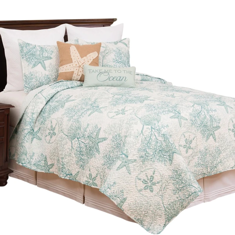 C&F Home Ocean Treasures Coastal Blue Starfish Sand Dollar Coral Beach House Condo Twin 2 Piece Reversible Quilt Coverlet Set Twin 2 Piece Set Blue