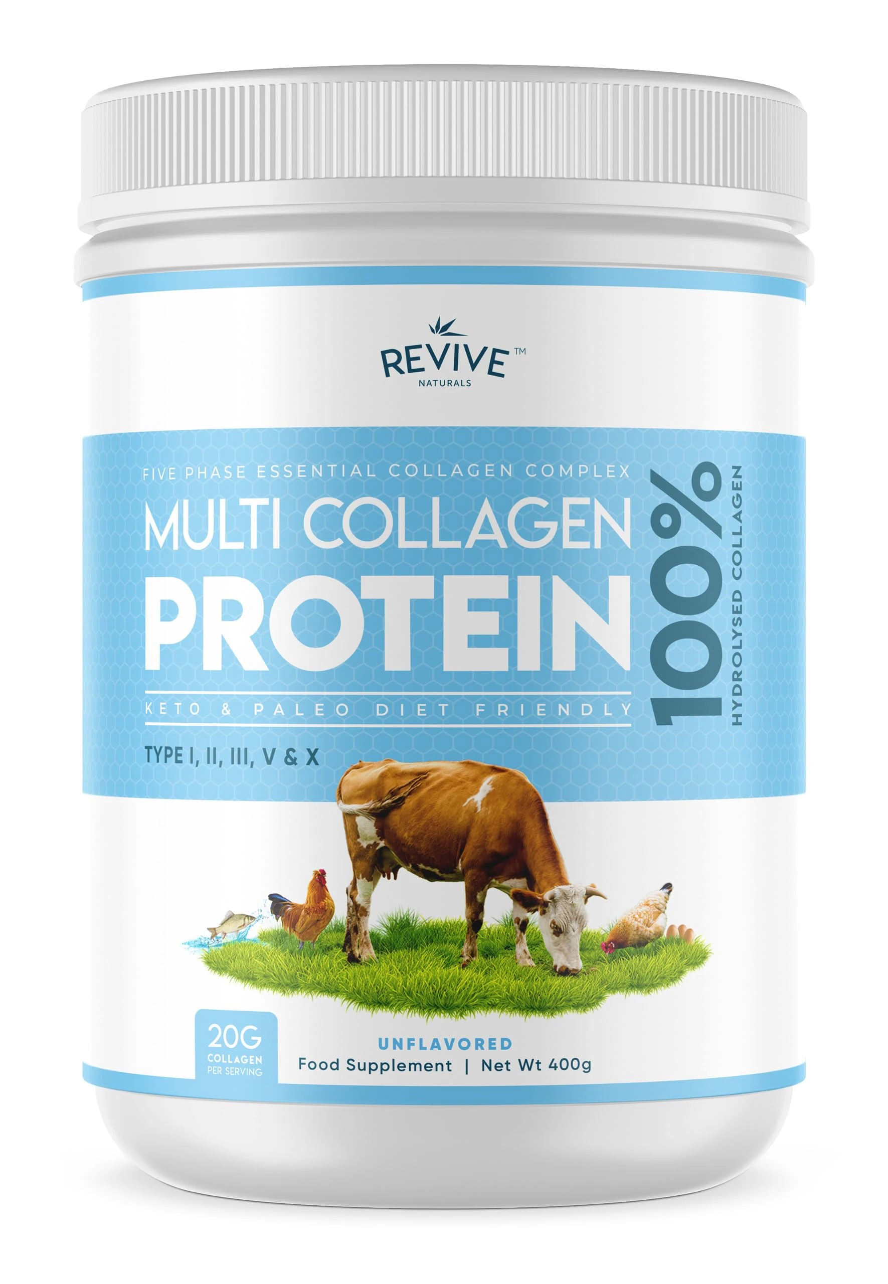 Multi Collagen Protein Powder 400g - Types I, II, III, V & X - Hydrolyzed Grass Fed Bovine, Wild Caught Fish, & Free-Range Chicken & Eggshell Collagen (1 Month Supply)