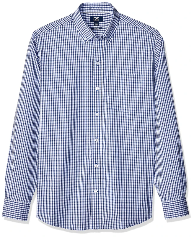 Cutter & Buck Men's Wrinkle Resistant Stretch Long Sleeve Button Down Shirt Dress, Tour Blue Gingham, 4X-Large