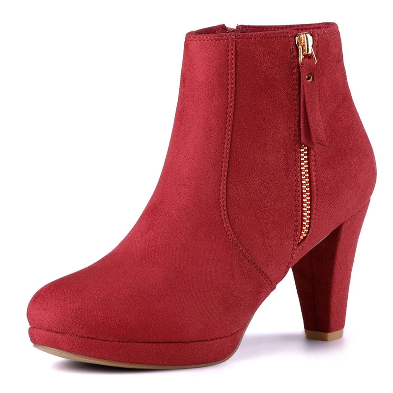 Allegra K Women's Side Zip Low Platform Chunky Heel Ankle Booties Red 5 UK/Label Size 7.5 US