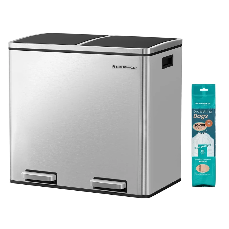 SONGMICS Dual Rubbish Bin, Metal Recycling Bin with 15 Rubbish Bags, 2-Compartment, with Lids, Pedals, Plastic Inner Buckets, Soft Closure, 2 x 6.3 Gallons (2 x 24 L), Silver LTB48NL