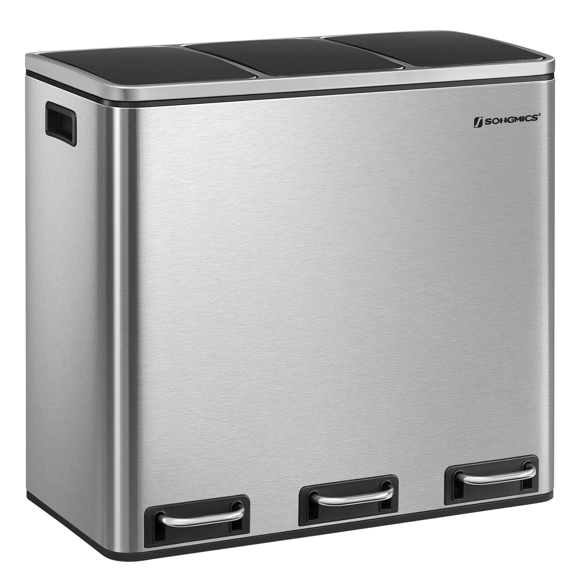 SONGMICS Kitchen Bin, 3 x 18 L Recycling Bin, 3 Compartment Rubbish Bin for Recycling and Waste, 15 Liners Included, Soft-Close Lids, Pedals, Inner Buckets, Steel, Metallic Silver LTB54NL