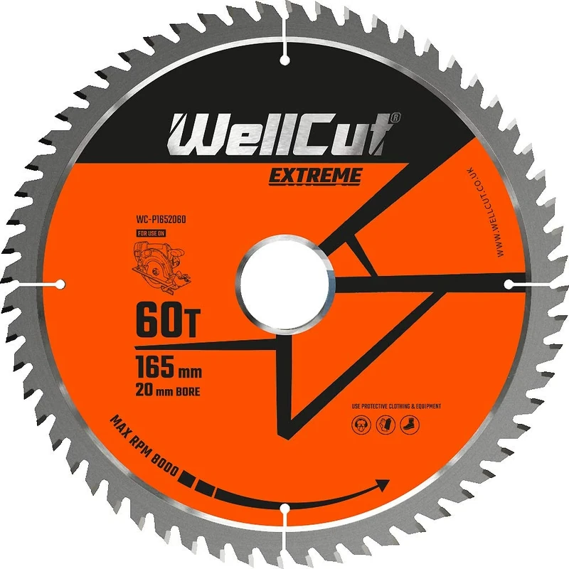 WellCut TCT Saw Blade, Plunge Saw Blade, Circular Saw Blade, Angle Grinder 165mm x 60T x 20mm Bore Suitable for DewaltDWS520, GKT55, Cord/Cordless