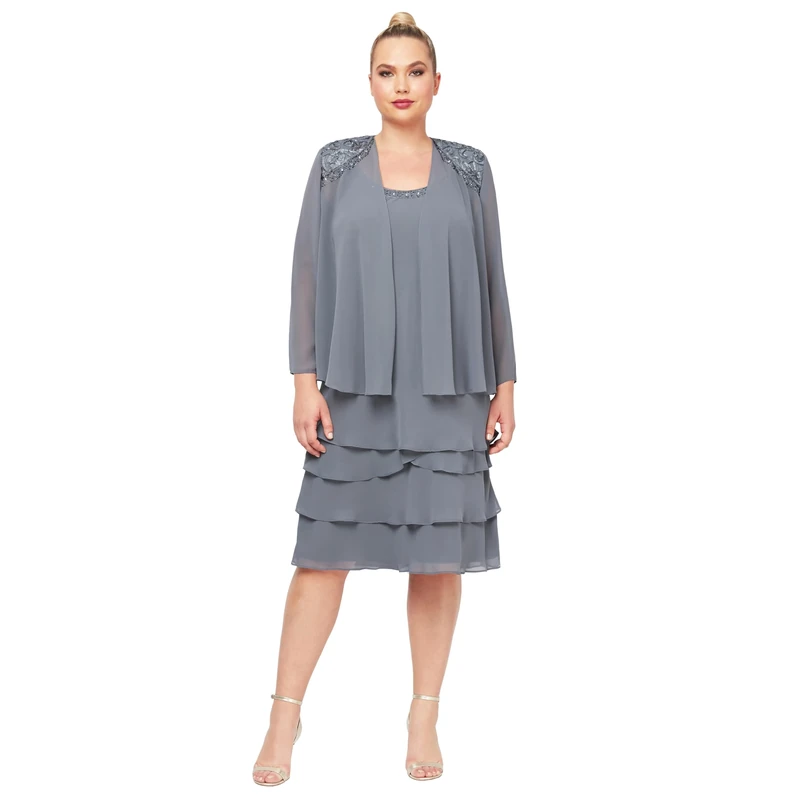 S.L. Fashions Women's Plus Size Embellished Jacket Dress Special Occasion, Steel Tier, 22